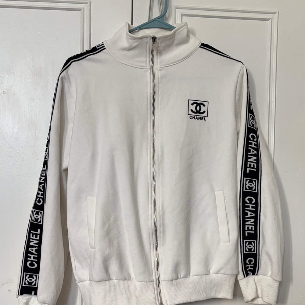 CHANEL White and Black Drawstring Zip up and Sweatpants